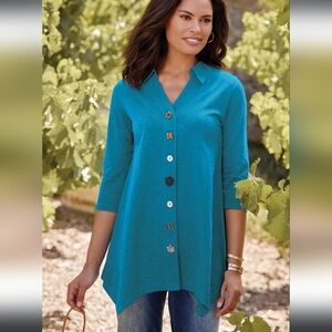Soft Surroundings Blue Tunic Danielle Cotton Assymetrical Pearl Button Lagenlook